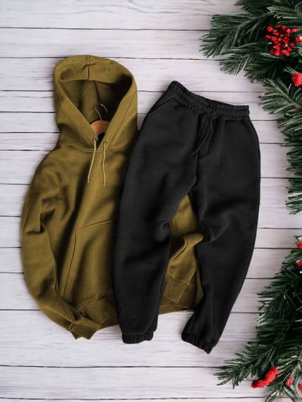 Женский теплый спортивный костюм на флисе DA2455 размер L цвет хаки-черный