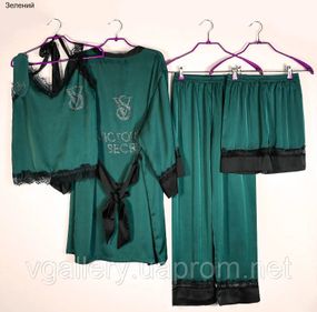 Комплект жіночий Піжама 6 в 1 атласна — Victoria's Secret Вікторія Сикрет зі стразами XL