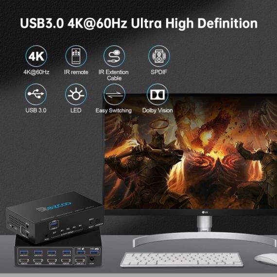 HDMI Switch 4 комп'ютер на 1 монітор USB 3.0 KVM 8K 4K 60Hz H EZ-SW41H21-KWMU3P | Зображення 2