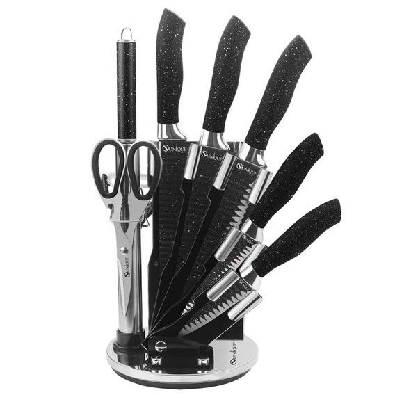 Набор ножей UNIQUE UN-1831, 9 предметов, с подставкой, нержавеющая сталь, с овощечисткой, черный | Зображення 1