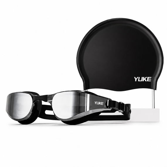 Набор для плавания Очки YUKE зеркальные с шапочкой, черные - HD Anti-Fog, UV-защита, панорамный обзор | Зображення 1