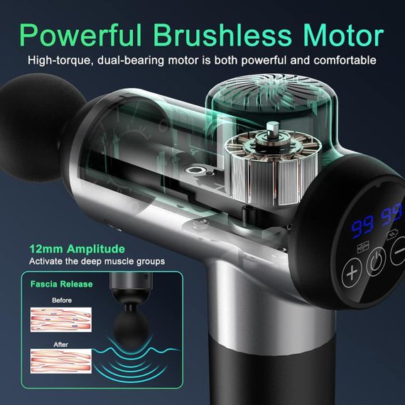 Перкусійний ручний масажер Massage Gun BDBKMG, м'язовий масажний пістолет, 99 режимів, 6 насадок, Чорний | Зображення 5