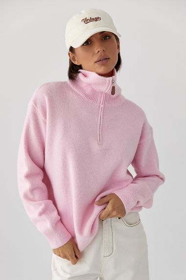 В'язаний однотонний светр із блискавкою - рожевий цвет, ONE SIZE (є розміри)