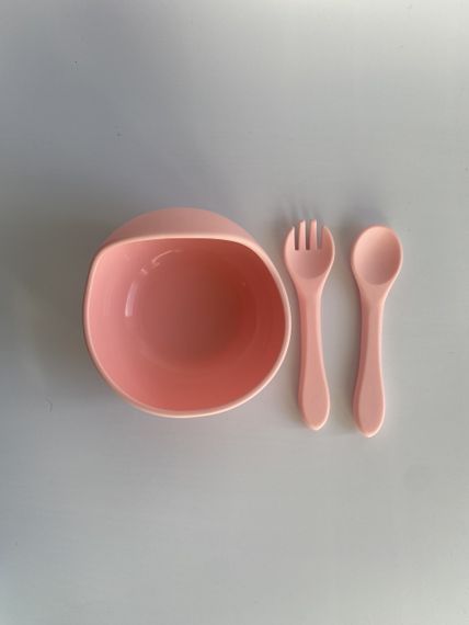 Глибока тарілка силіконова на присосці з приборами Рожевий