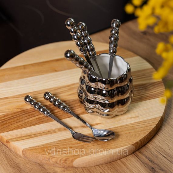 Набір десертних виделок і ложок на 3 персони з підставкою з порцелянау 7 предметів Сірий HP-20-61 | Зображення 4