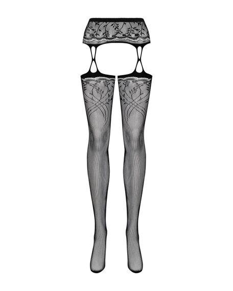 Панчохи-стокінги з рослинним малюнком Obsessive Garter stockings S206 black S/M/L чорні, імітація га | Зображення 4