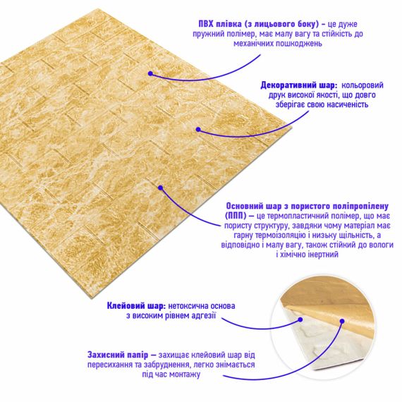 Декоративна 3D панель самоклейка під цеглу Бежевий мармур 700х770х3мм (062-3) SW-00000694 | Зображення 1