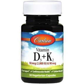 Комплекс Вітамін D3+K2 Carlson Labs Vitamin D3 + K2, 50 mcg (2000 IU) + 90 mcg 30 Veg Caps CAR-10600