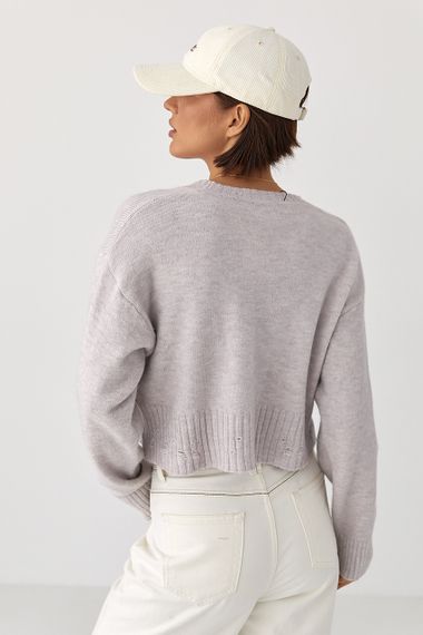 Укорочена в’язана кофта зі рваним ефектом - лавандовий цвет, ONE SIZE (є розміри) | Зображення 1