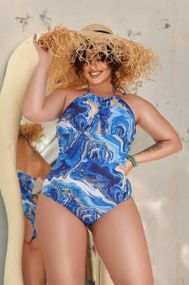 Суцільний синій купальний Plus Size з чашками та утяжкою