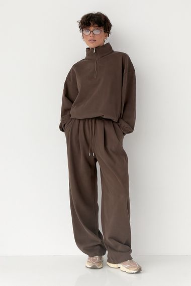 Зимовий однотонний спортивний костюм із затяжками - коричневий цвет, M (є розміри) | Зображення 4