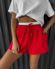 Жіночі короткі шорти трикотажні з подвійним поясом колір червоний розмір 42/46 PP027