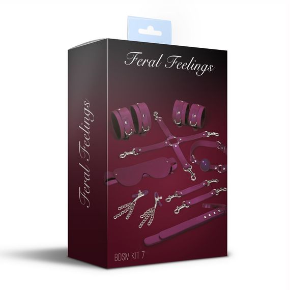 Набор Feral Feelings BDSM Kit 7 Burgundy, наручники, поножи, коннектор, маска, паддл, кляп, зажимы | Зображення 1