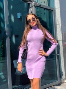 Женское вязаное платье-гольф в обтяжку теплое NO6599 размер единый 42-50 цвет сиреневый