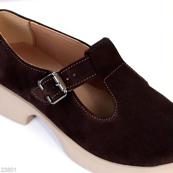 Замшеві демі туфлі на ремінці натуральна замша низький хід колір Шоколад | Зображення 2
