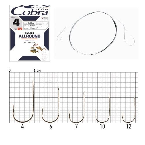 Крючки рыболовные с поводком Cobra Кобра ALLROUND 70cm, 0,12mm, разм.12, 10 шт в упаковке. | Зображення 1