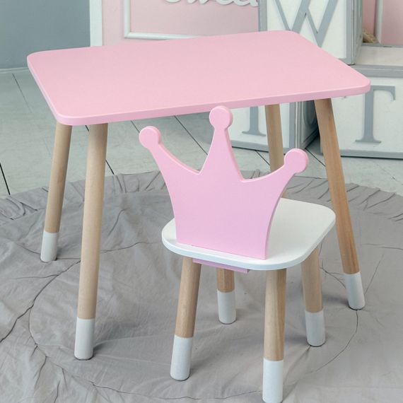 Дитячий  прямокутний стіл і стільчик корона з білим сидінням. Столик рожевий дитячий