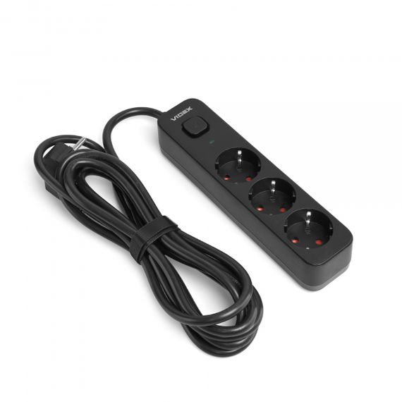 Мережевий подовжувач VIDEX ONCORD з/з 3п 3м (3x1.5мм) з кнопкою Black | Зображення 1