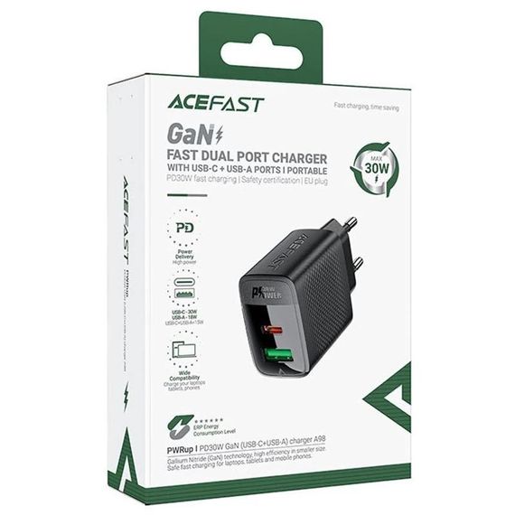 СЗУ Acefast A98 PD30W+QC3.0 GaN (1USB-A/1C) Black | Зображення 1
