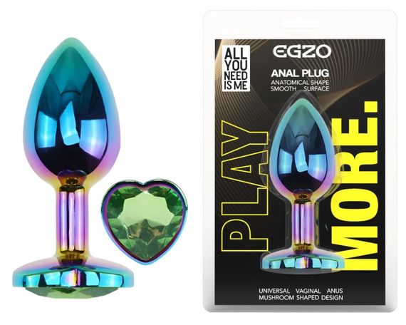 Анальна пробка EGZO Multicolor Heart Plug M із зеленим кристалом, райдужна Sex Aura