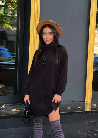 Женское теплое платье из двухсторонней ангоры с поясом GF08566 цвет черный, размер 50/52