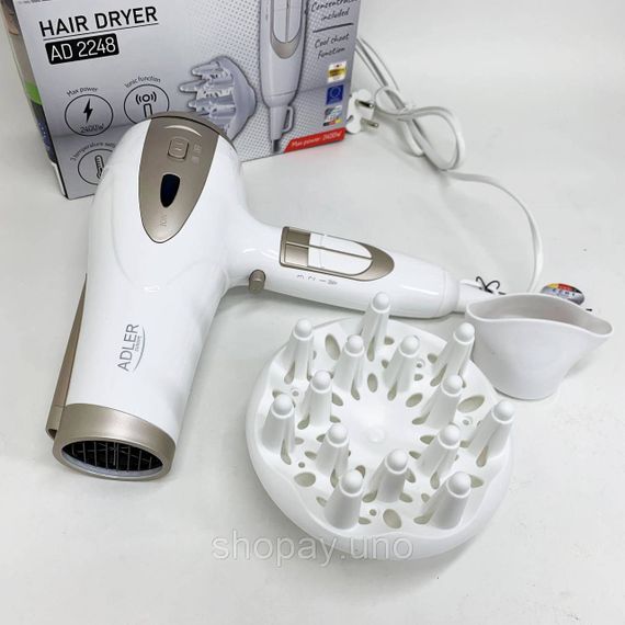 Електричний фен для волосся Adler AD-2248 White 2400Вт для укладання та сушіння з насадками з іонізацією | Зображення 5
