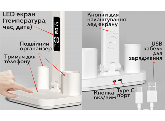 Настільна лампа Luxel TL-16W, 6 Вт, світлодіодна, акумуляторна, USB, з LED-екраном, біла | Зображення 4
