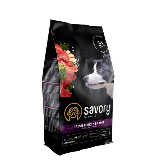 Сухий корм Savory для дорослих собак середньої породи, індичка та ягня 1кг