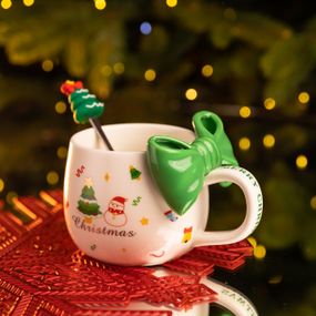 Новогодняя фарфоровая чашка с ложкой Merry Christmas 400 (мл) Зеленый FM-CS-19B FM-CS-19B