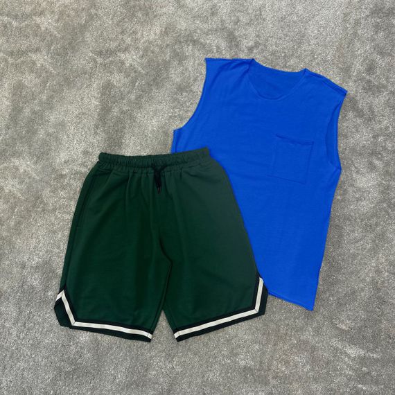 Мужской летний костюм майка и шорты BD0037 цвет синий + зеленый, размер M | Зображення 1