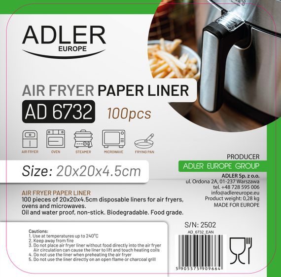 Бумажные формы для аэрогриля Adler AD 6732 20×20 см 100 шт для духовки и СВЧ | Зображення 9