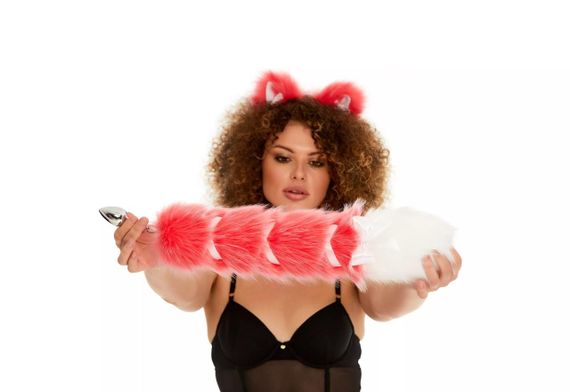 Анальний хвіст зі стрічкою без пробки, Яскраво-рожевий з білим кінчиком, OKOVA 50 см. Sex Aura | Зображення 2