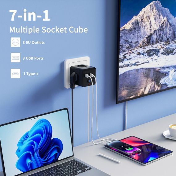 Мережевий Фільтр Трійник 7в1 із швидкою зарядкою 3 розетки/3 USB/1TYPE-C | Зображення 2