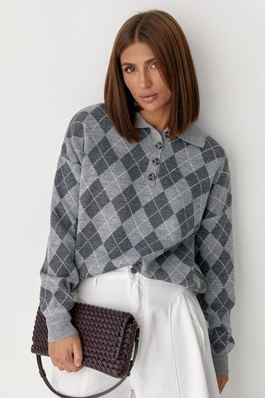 Вільний светр-поло з ромбами - сірий цвет, ONE SIZE (є розміри)