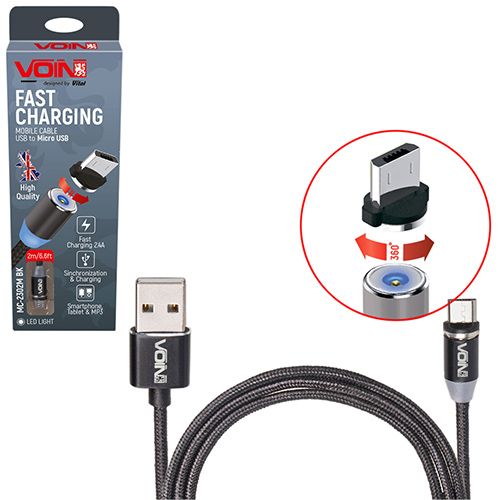 Кабель магнітний Voin MC-2302M BK USB - Micro USB 2,4А, 2m, black (тільки зарядка)