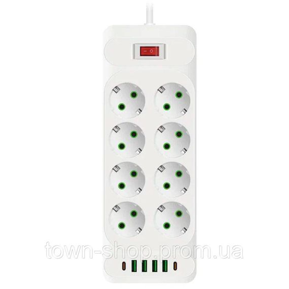 Сетевой фильтр F34U, 8 розеток EU + 4 USB + 2 PD, кнопка включения с индикатором, 2 м, 3х0,75мм, 2500W, White,