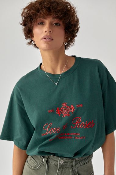 Футболка вільного фасону з вишитими написами - зелений цвет, ONE SIZE (є розміри) | Зображення 4