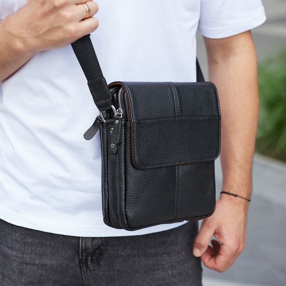 Чоловіча шкіряна чорна сумка через плече Tiding Bag M1254A | Зображення 8