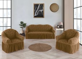 Жакардовий чохол на диван + 2 крісла Roza з спідницею Пісковий