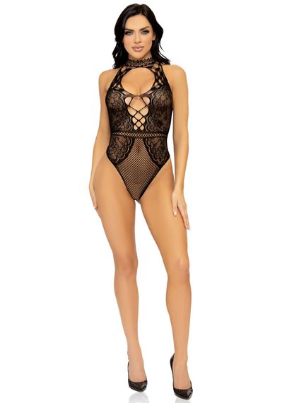 Leg Avenue Net and lace halter bodysuit OS Black | Зображення 5