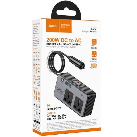 АЗП інвертор Hoco Z66 New PD66W+QC3.0 (2USB-A/1C/2xSocket) (0.5m) Black | Зображення 1
