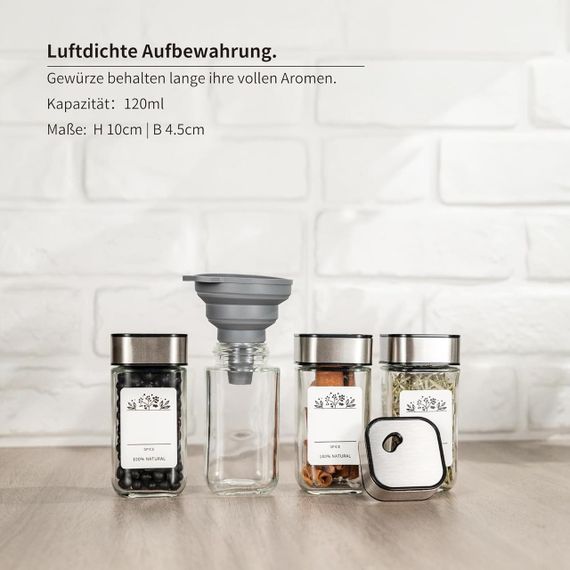 Набір з 12 баночок для спецій Fsvaer, скло та нержавіюча сталь, 120 мл, з кришкою на 3 режими, воронкою, наліпками та маркером | Зображення 5