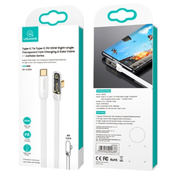 Дата кабель USAMS US-SJ584 Type-C to Type-C PD 100W Right-angle (1.2m) White | Зображення 2