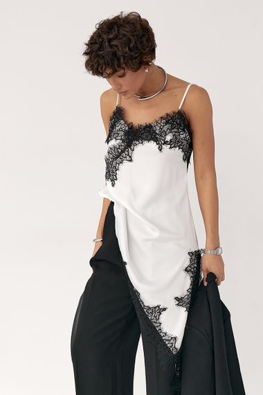 Сатинова майка з мереживом - білий з чорним цвет, ONE SIZE (є розміри) | Зображення 4