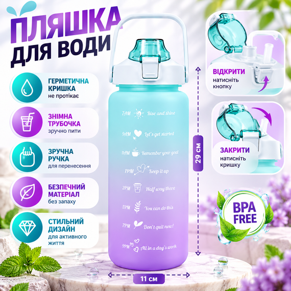 Спортивная бутылка для воды XL 2000 мл с трубочкой, ручкой и откидной крышкой, матовая, бирюзово-оранжевый градиент | Зображення 1
