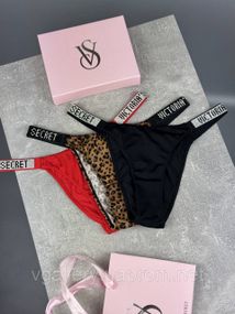 Подарочный Набор женских трусиков Victoria`s Secret (3 шт) бразилиана со стразами в брендовой коробке Темно-розовый/Бежевый/Белый, XL