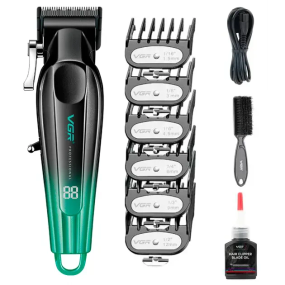 Аккумуляторная машинка для стрижки VGR V-662 GREEN, 7000 RPM, 6 насадок, LED дисплей