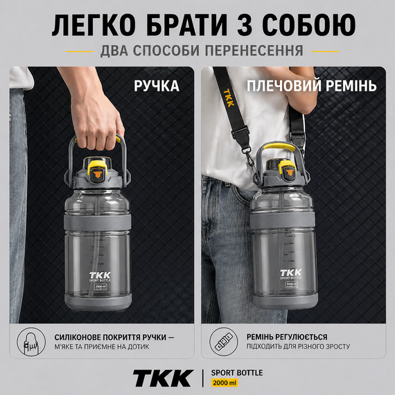 Спортивная бутылка TKK 2000 мл, Tritan (BPA-free), серая. Ударопрочная бутылка с трубочкой и ремешком для фитнеса и тренировок | Зображення 2