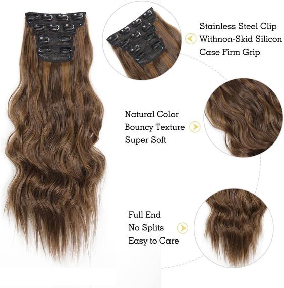 Накладні пасма на кліпсах 4 шт каштанові з меліруванням, хвилясте волосся треси на заколках 50см нарощування обʼєму термостійке | Зображення 4