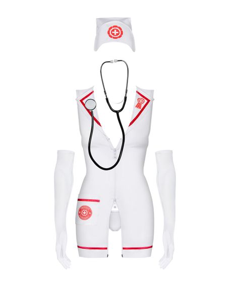 Еротичний костюм медсестри Obsessive Emergency dress S/M, white, сукня, стринги, рукавички, чепчик, стетоскоп | Зображення 1